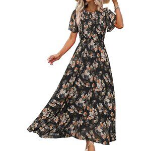 Women's Floral Black Chiffon Flowy Flutter Short Sleeve Crew Neck Summer Maxi